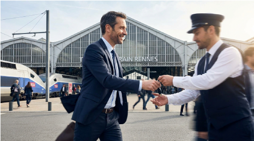 Client remettant les clés de son véhicule à un voiturier Arvin Care devant la gare de Rennes